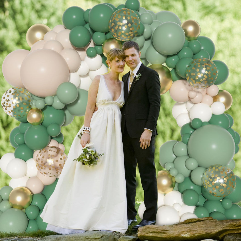 Ouddy Party sage green olive cream gold palette balloons create a versatile decor palette.