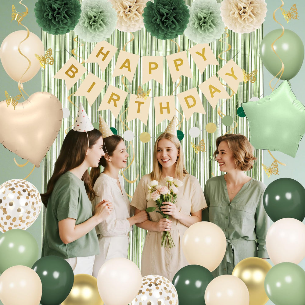 Ouddy Party sage green pompoms add playful texture.