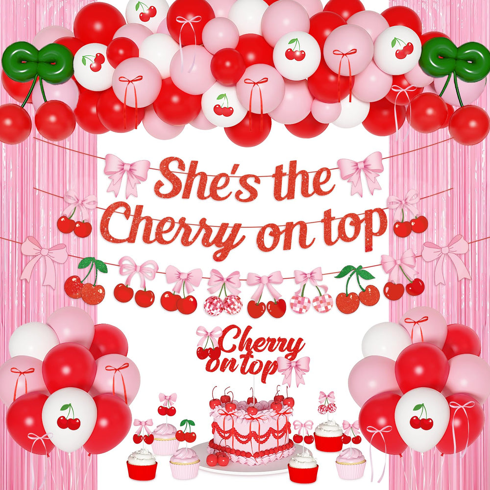 Ouddy Party banner She’s Cherry On Top adds festive birthday backdrop.