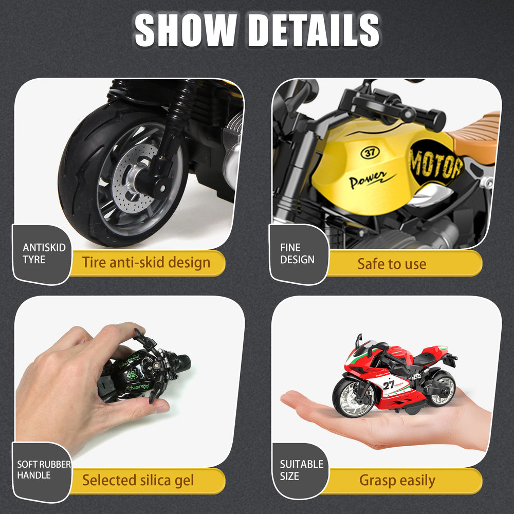 OUFOTAT dark blue pull-back motorcycle showing 90-degree steering for sharp turns