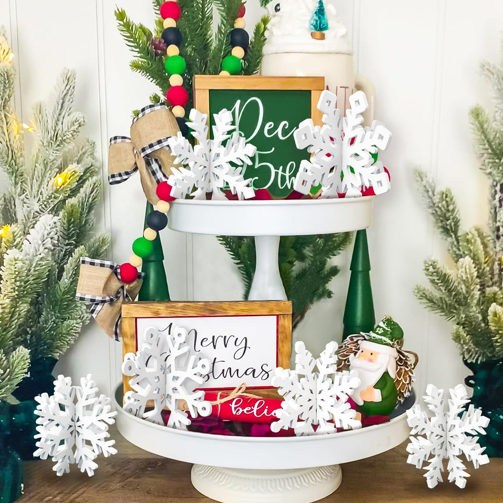 OuMuaMua white wooden snowflake 3D decor adds a cozy winter centerpiece.