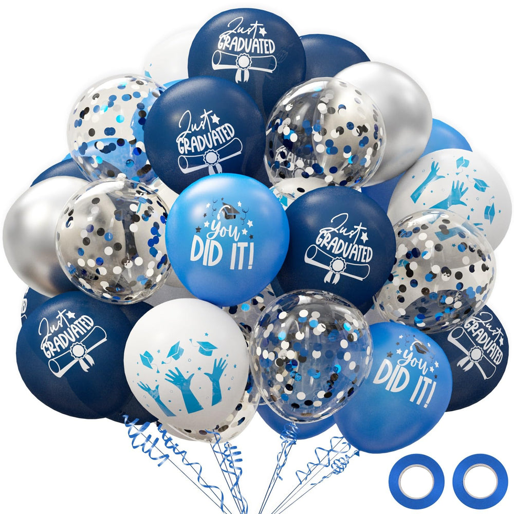 OuMuaMua 70-piece graduation balloon kit in blue, white, and silver for festive decor.