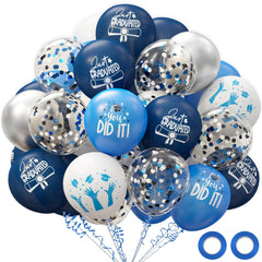 OuMuaMua 70-piece graduation balloon kit in blue, white, and silver for festive decor.