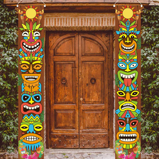 OuMuaMua Hawaiian Luau tiki-totem door banner with vibrant colors for welcoming front-door decor.