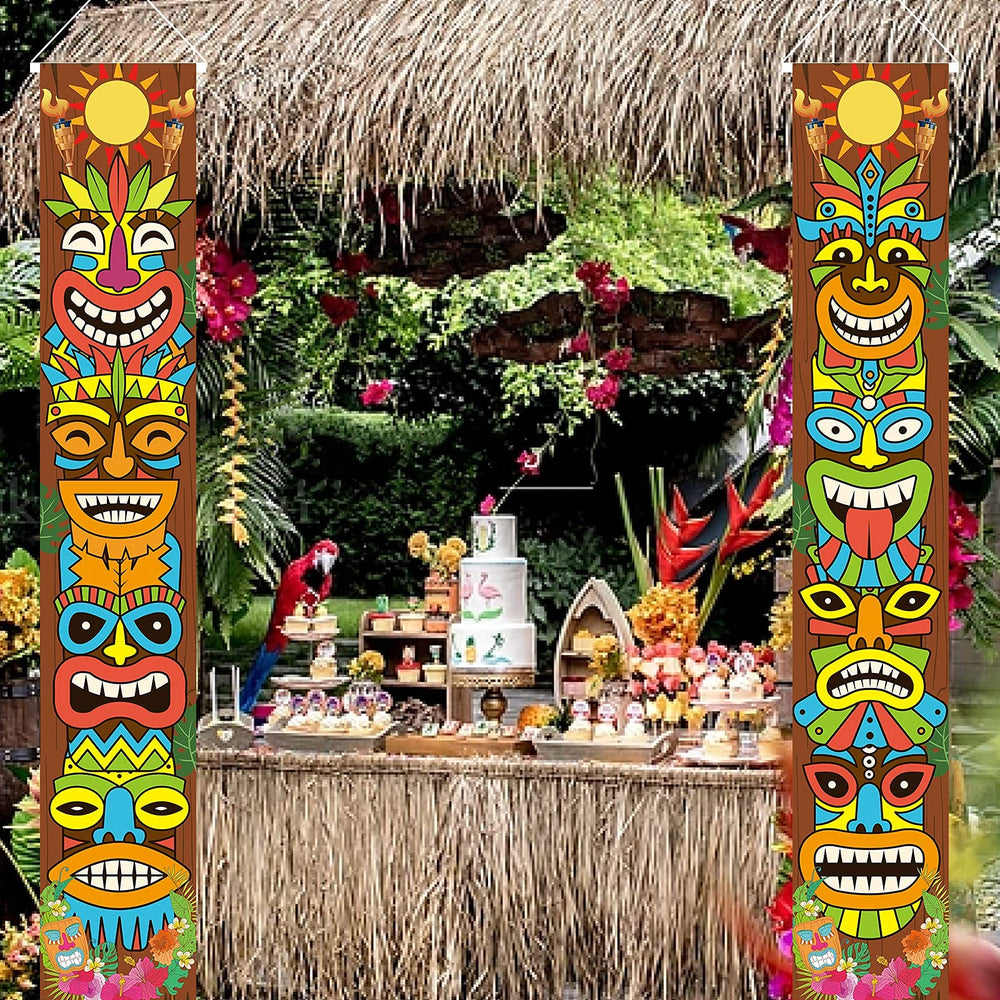 OuMuaMua hibiscus and tiki masks banner adds tropical flair to any entryway.