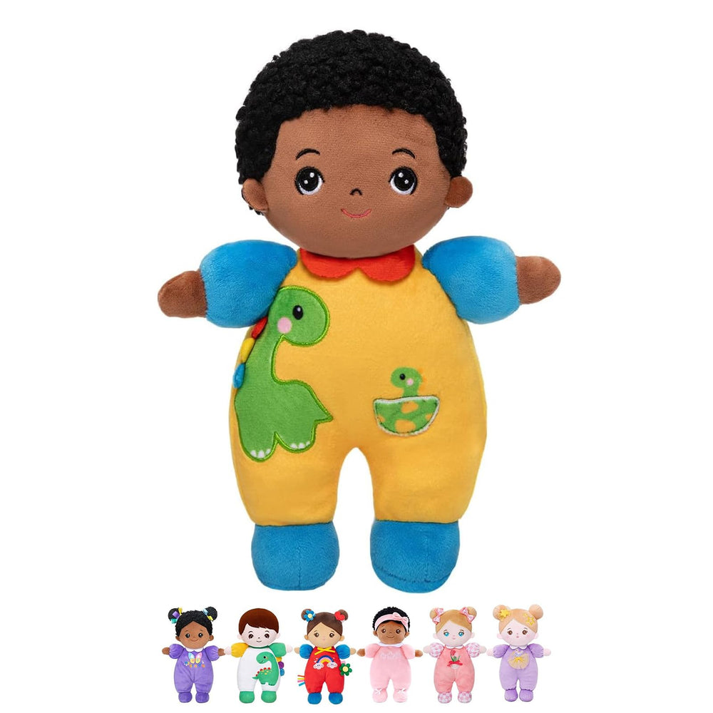 OUOZZZ 10-inch soft black boy doll face close-up for gentle sensory play.