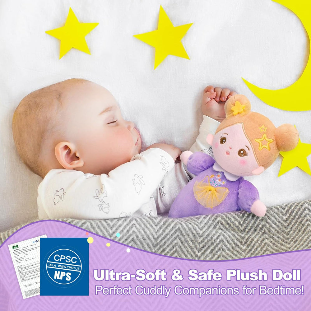 OUOZZZ plush doll daisy purple closeup showing soft fabric and safety.