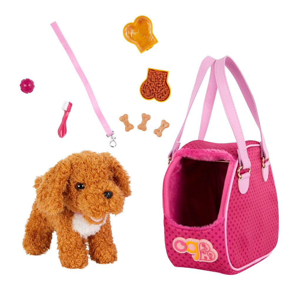 Our Generation hop in dog carrier with plush poodle for cuddly adventures