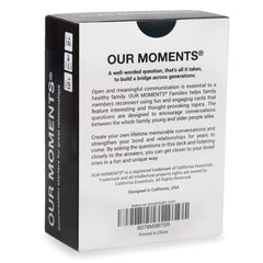 Closeup of OUR MOMENTS Families card deck with thought-provoking prompts