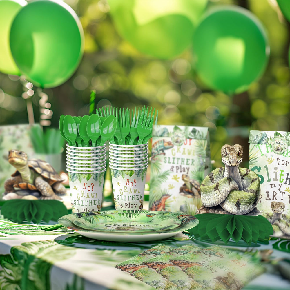 Outego reptile honeycomb centerpieces offer reusable party accents.