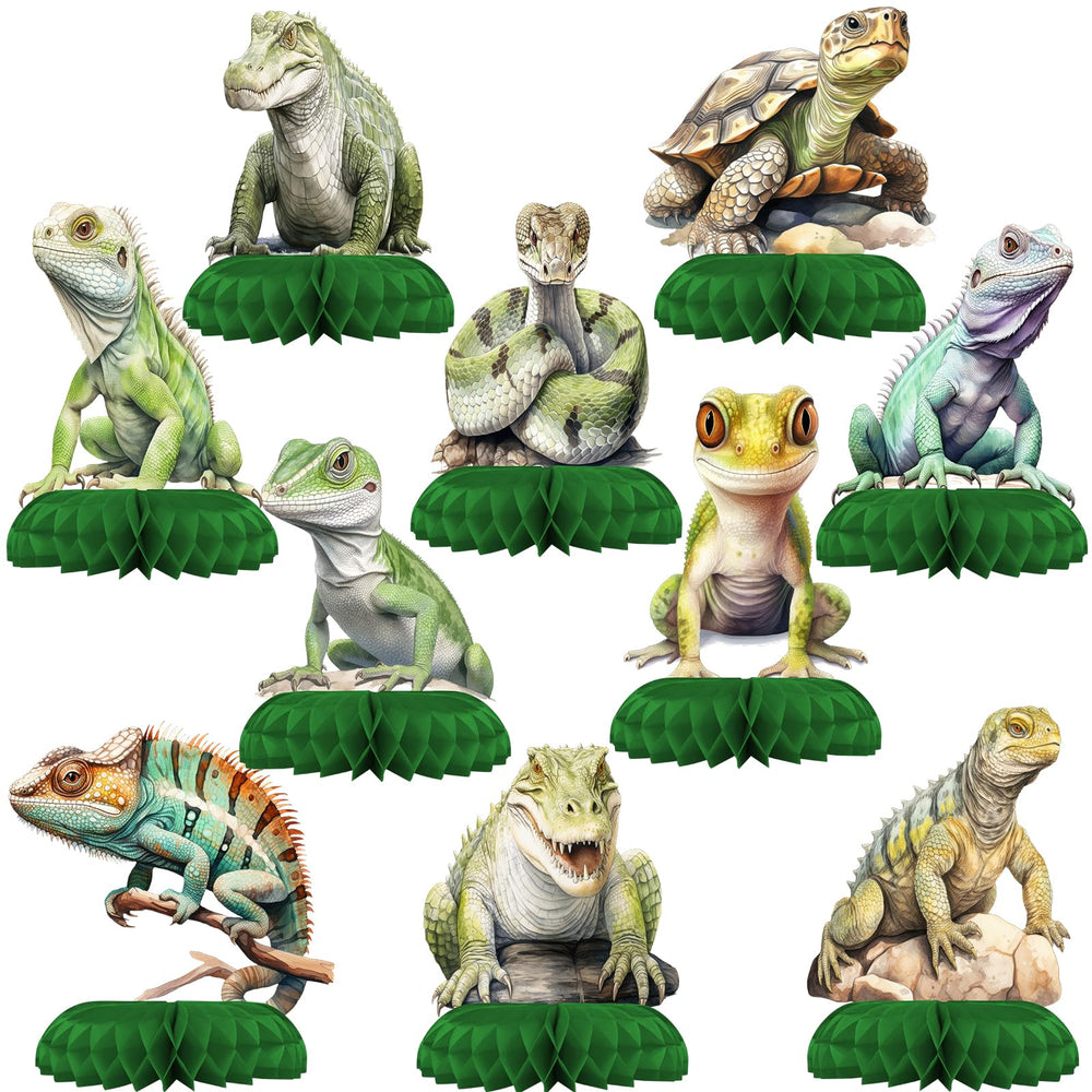 Outego reptile party centerpiece set with honeycomb toppers elevates festive table decor.