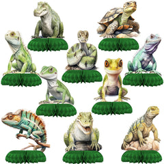 Outego reptile party centerpiece set with honeycomb toppers elevates festive table decor.