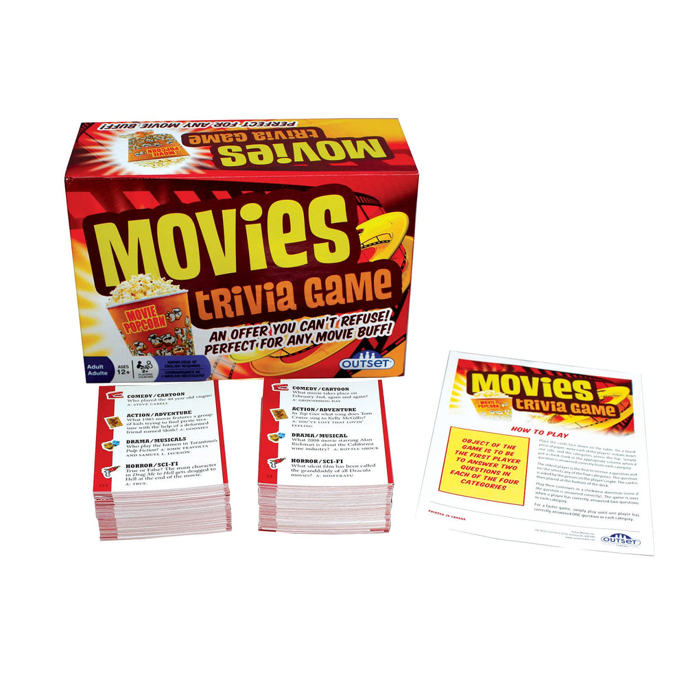 Outset Media Movies Trivia Game contents shown for easy setup.