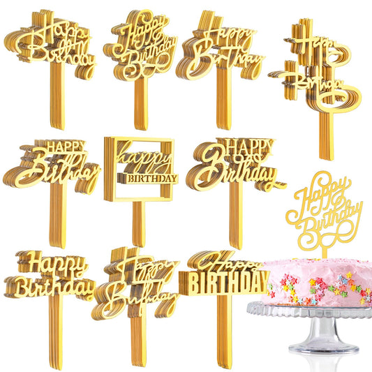 Outus gold double-sided birthday cake toppers on a cake