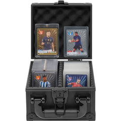 OUUTMEE Toploader storage box exterior shows premium black aluminum shell for durable protection.