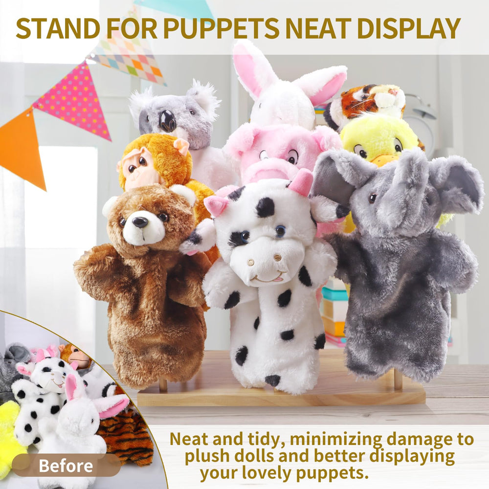 Ouvibor puppet collection display stand shows nine-puppet capacity for neat displays.