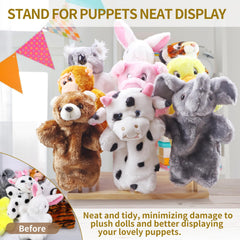 Ouvibor puppet collection display stand shows nine-puppet capacity for neat displays.