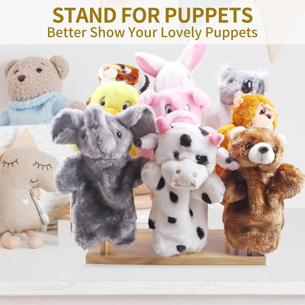 Ouvibor wooden doll stand close-up reveals natural wood texture and sturdy joints.