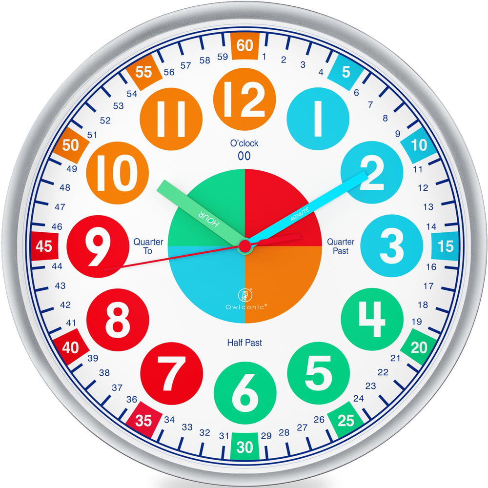 OWLCONIC Kids Clock front view in pastel colors supports classroom time-telling.