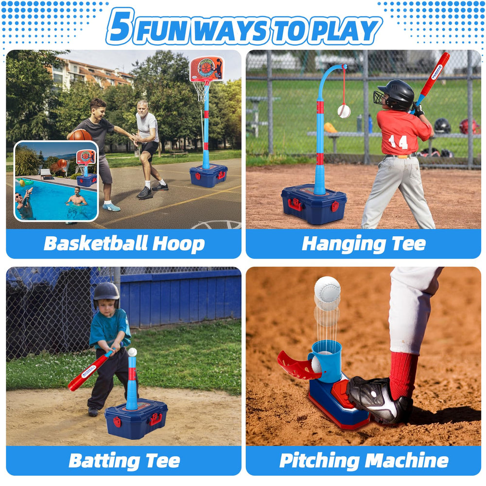 OWNONE 4-in-1 basketball hoop tee-ball stand adjustable, ideal for early hitting progress.