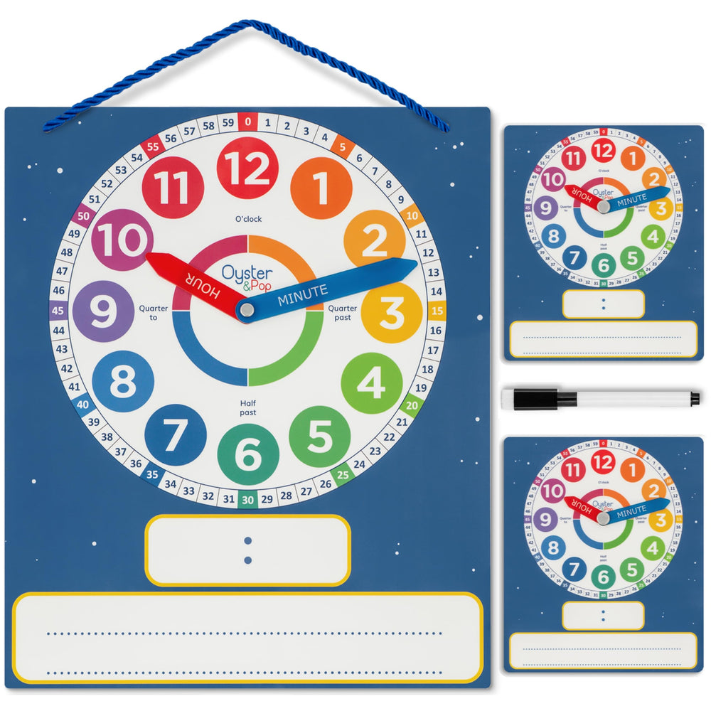 Oyster&Pop 3-pack dry erase clocks kit for collaborative classroom time lessons.