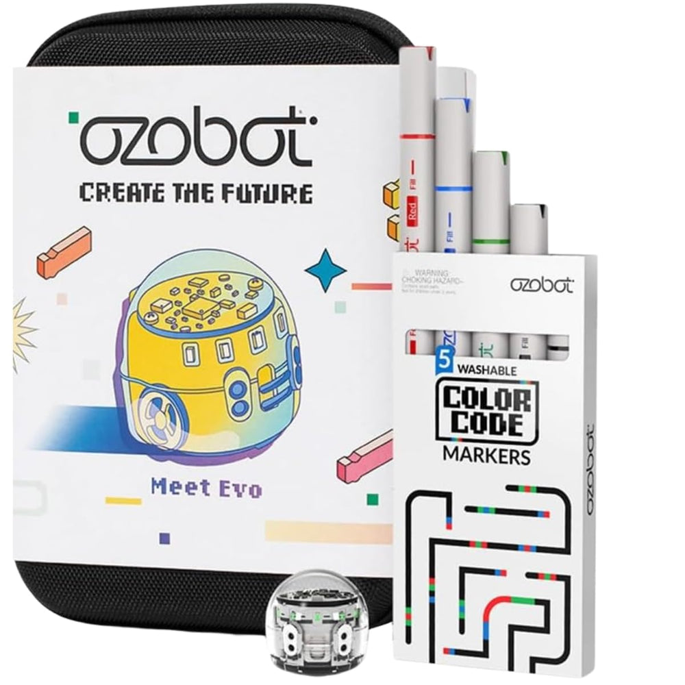 Ozobot Evo Entry Kit robot front view, ideal for classroom coding demonstrations.