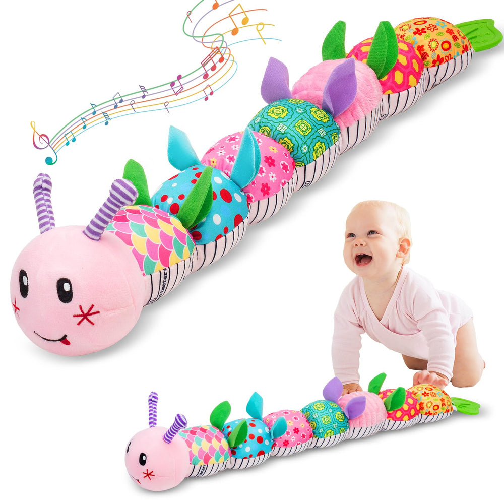 Padonise caterpillar musical plush showcases lullaby feature for soothing babies during playtime.
