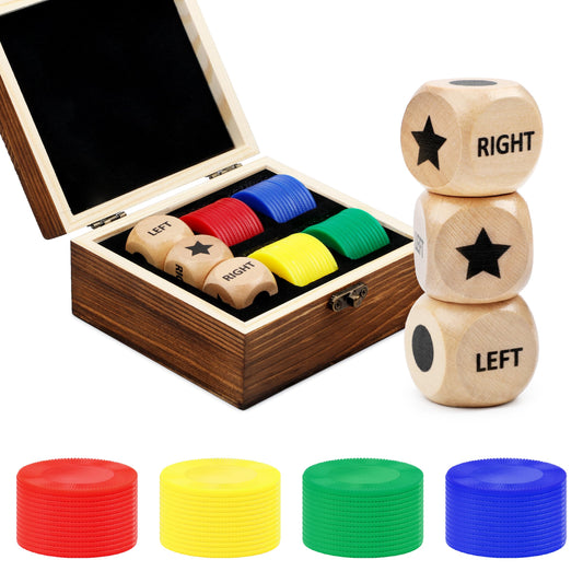 Pagather Fun Left Right Roll wooden box, elegant storage for family gaming sessions.