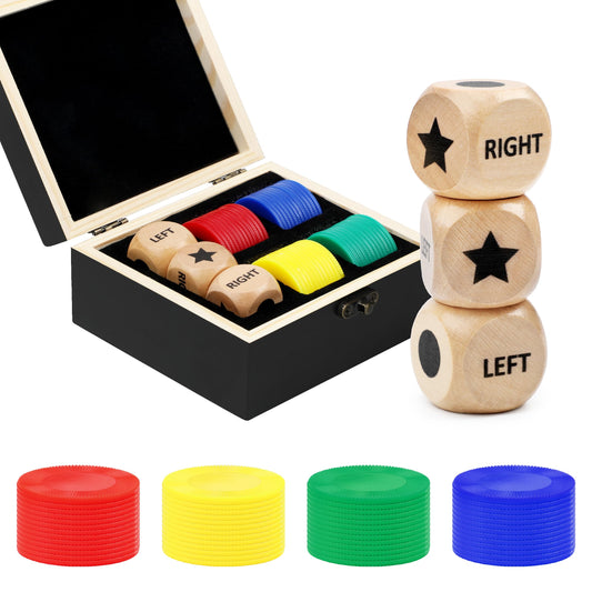 Pagather Fun Left Right Roll dice set stored in a wooden box for elegant storage and travel.