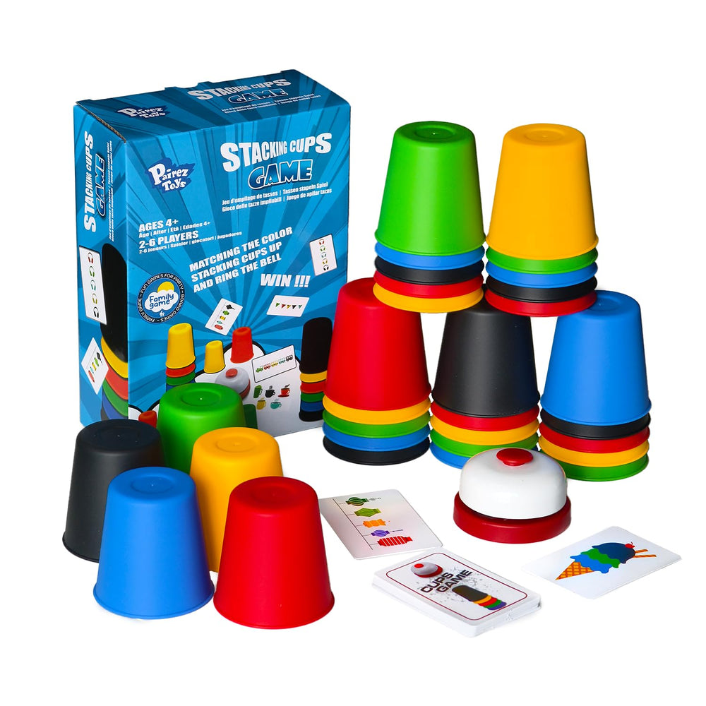 Pairez Toys Quick Stacking Cups Game setup shows ready-to-play components for quick, engaging family fun.