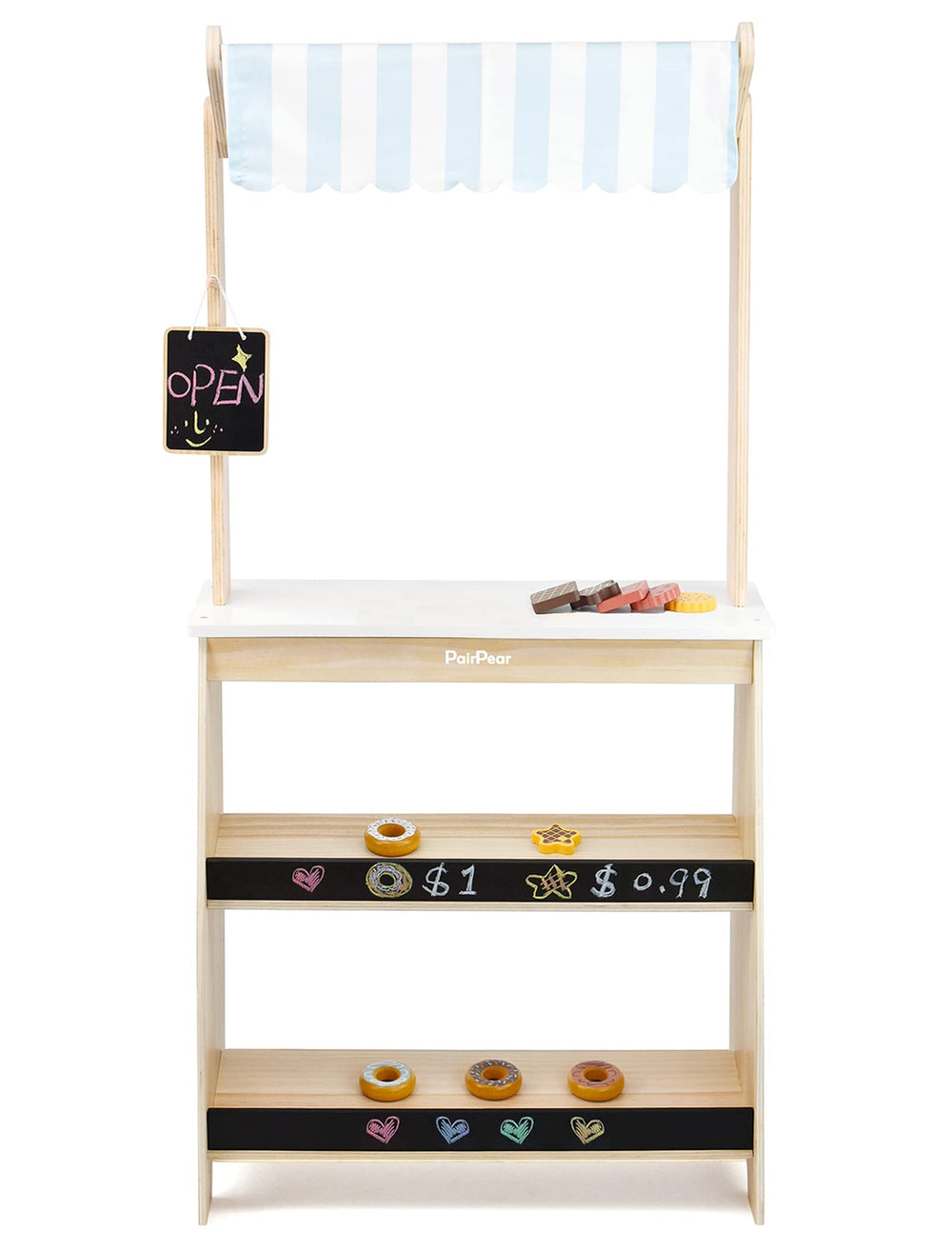 PairPear grocery store pretend play set featuring natural wood finish for imaginative shopping play