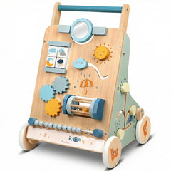 PairPear wooden activity walker with mirror sparks sensory exploration for early walkers.
