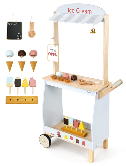 PairPear wooden ice cream cart front view promotes imaginative pretend play and coordination