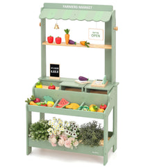 PairPear wooden mud market stand used outdoors for durable kids' pretend play.