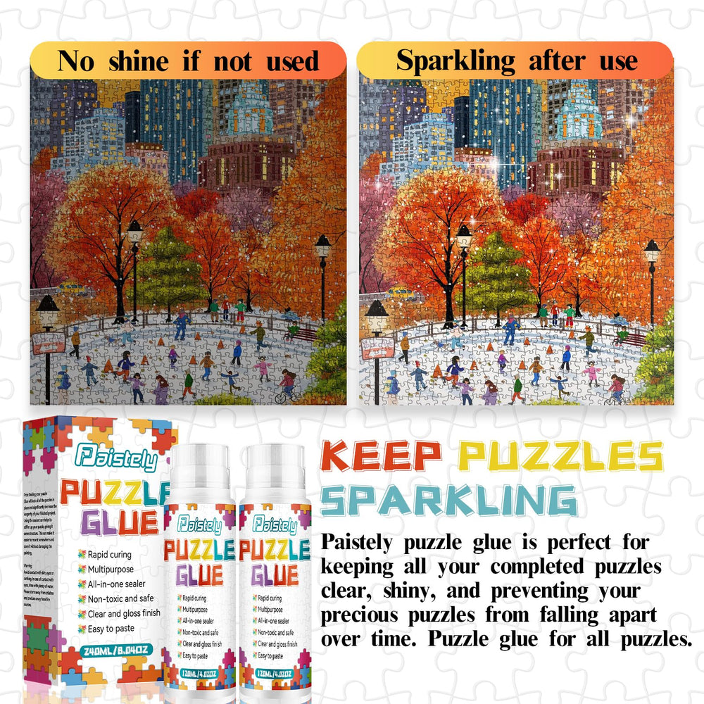 Paistely puzzle glue creates a transparent gloss to enhance puzzle colors.