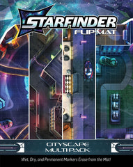 Paizo Starfinder Flip-Mat Cityscape Multi-Pack cover showing futuristic districts for RPG mapping and urban campaigns.