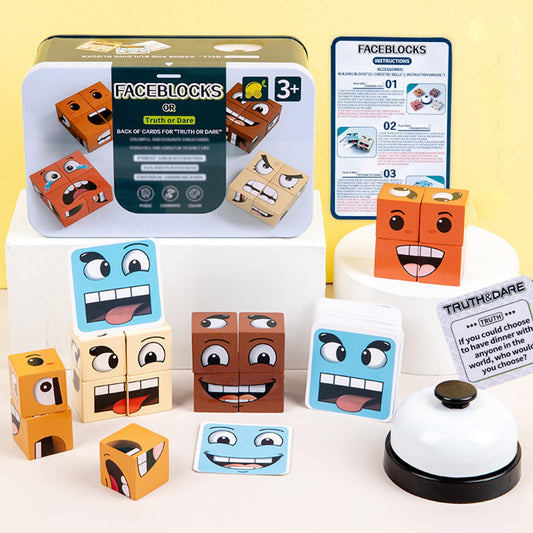 Pajojoqa Face Blocks wooden cubes close-up; tactile blocks spark imaginative play.
