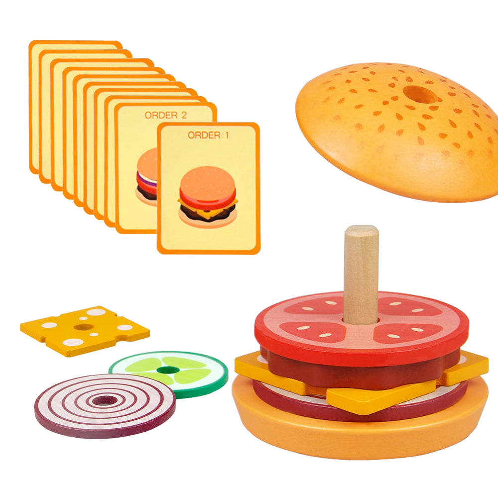 Pajojoqa wooden burger stacking kit in box for organized play