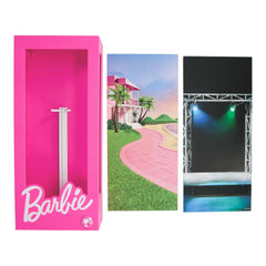 Paladone Barbie doll display case illuminated for enhanced shelf presentation.