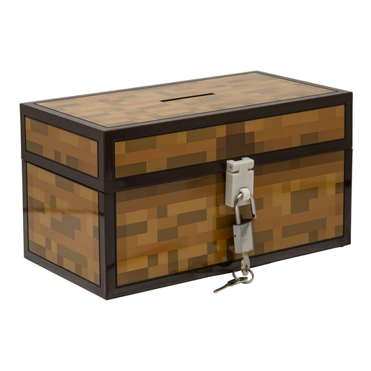 Paladone Minecraft Chest Money Bank front view with padlock for secure savings.