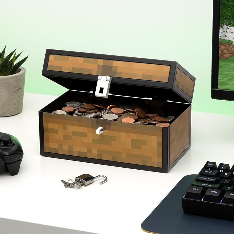 Paladone Minecraft Chest Money Bank close-up of padlock and chest texture for authenticity.