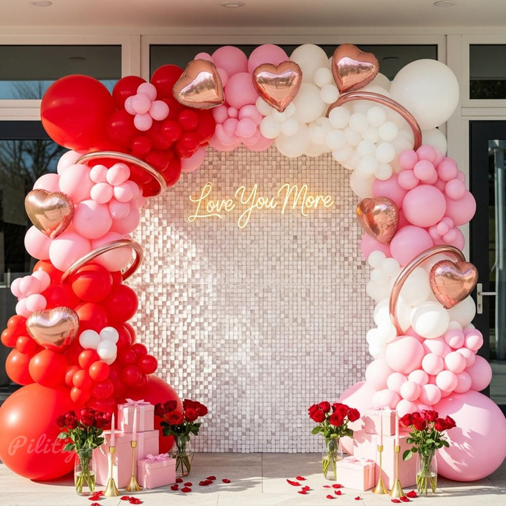 Palitigo valentines arch kit: red pink white matte balloons for a romantic photo backdrop.