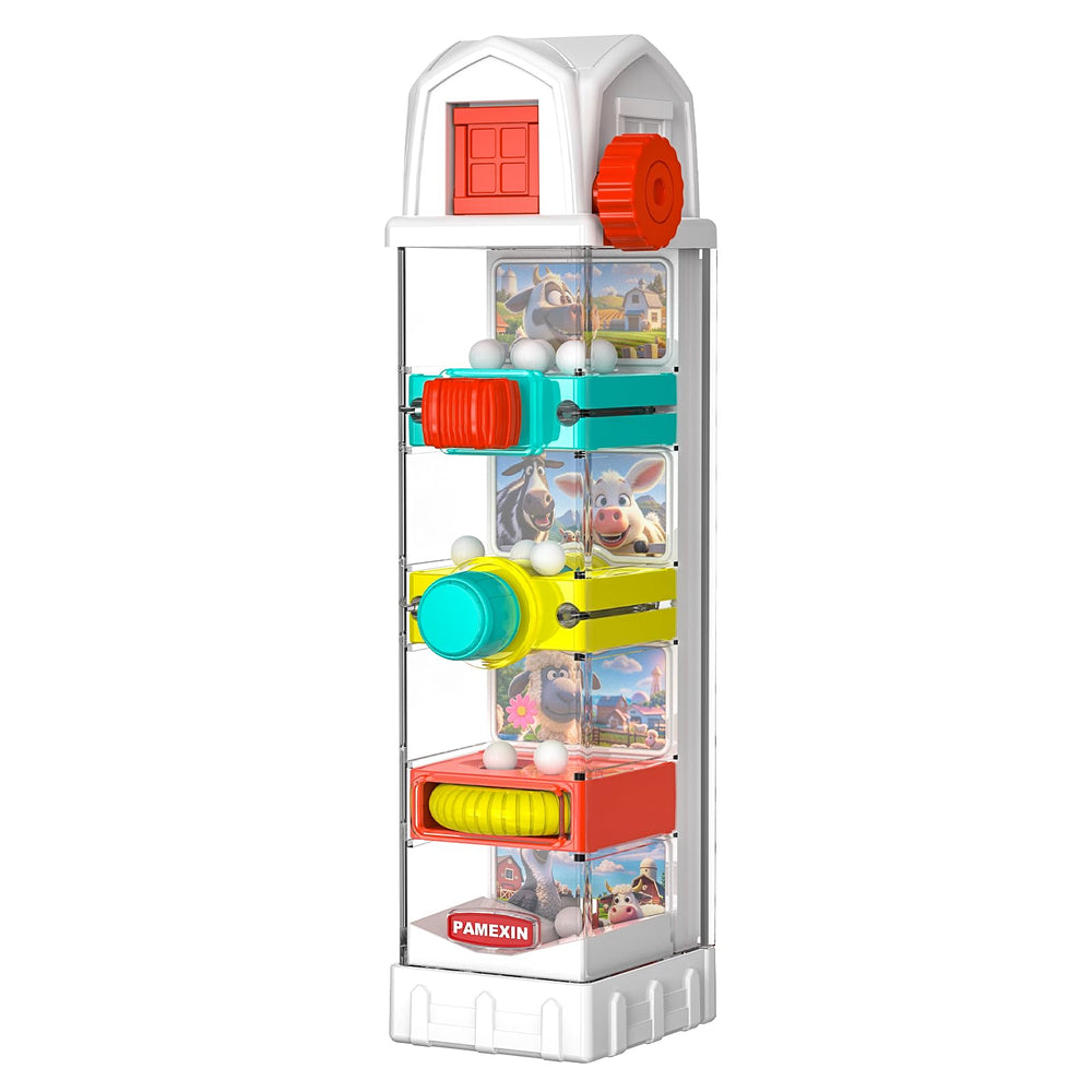 Pamexin farm egg drop toy front view with five activity centers for engaging toddler sensory play