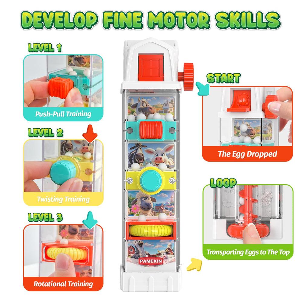 Pamexin farm egg drop toy spiral wheel in action demonstrates egg return loop