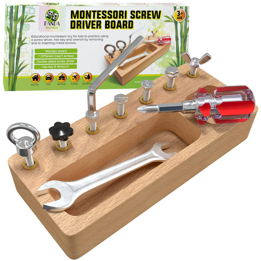 Panda Brothers screwdriver board front view showing kid-friendly design for fine motor practice