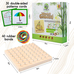 Panda Brothers geoboard comes with 40 rubber bands for building patterns safely.