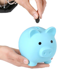 PandaEar piggy bank blue side view highlighting sturdy, unbreakable plastic.