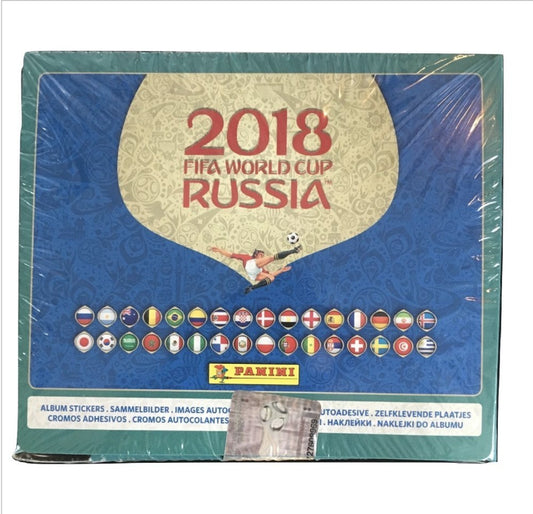 Panini Russia 2018 World Cup sticker box front view shows durable, collectible packaging.