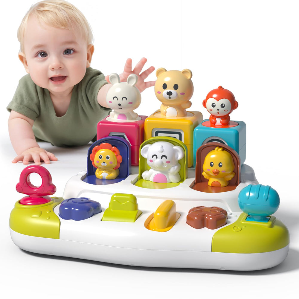 PANITU Baby Pop Up Animal Toy pops up for interactive play, sharpening motor skills.