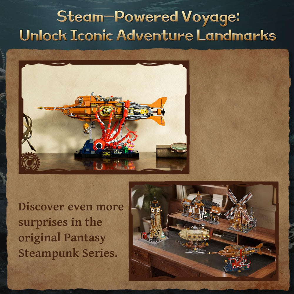 Pantasy Steampunk Nautilus Submarine undersea scene with coral and creature